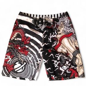 RARE Lost Enterprises Masters Mayhem Naked Woman Skulls Dragon Board Shorts Y2K